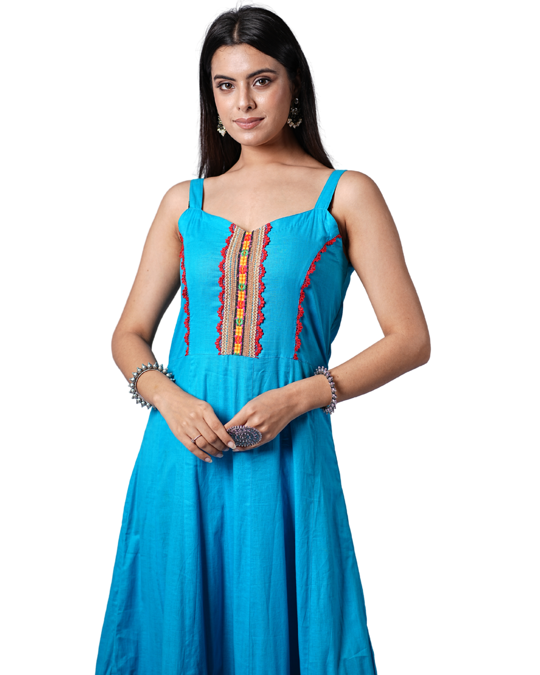 Firozi Malmal Dress with Multicolor Embroidered Panel – Summer Occasion Wear