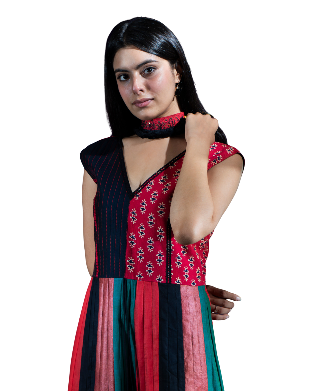 Red & Multicolor Panelled Dress with Choker Neck – Fusion Wear