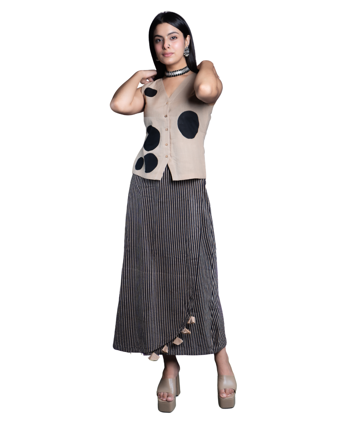 Striped Apron Skirt & Patchwork Top Set – Brown & Black
