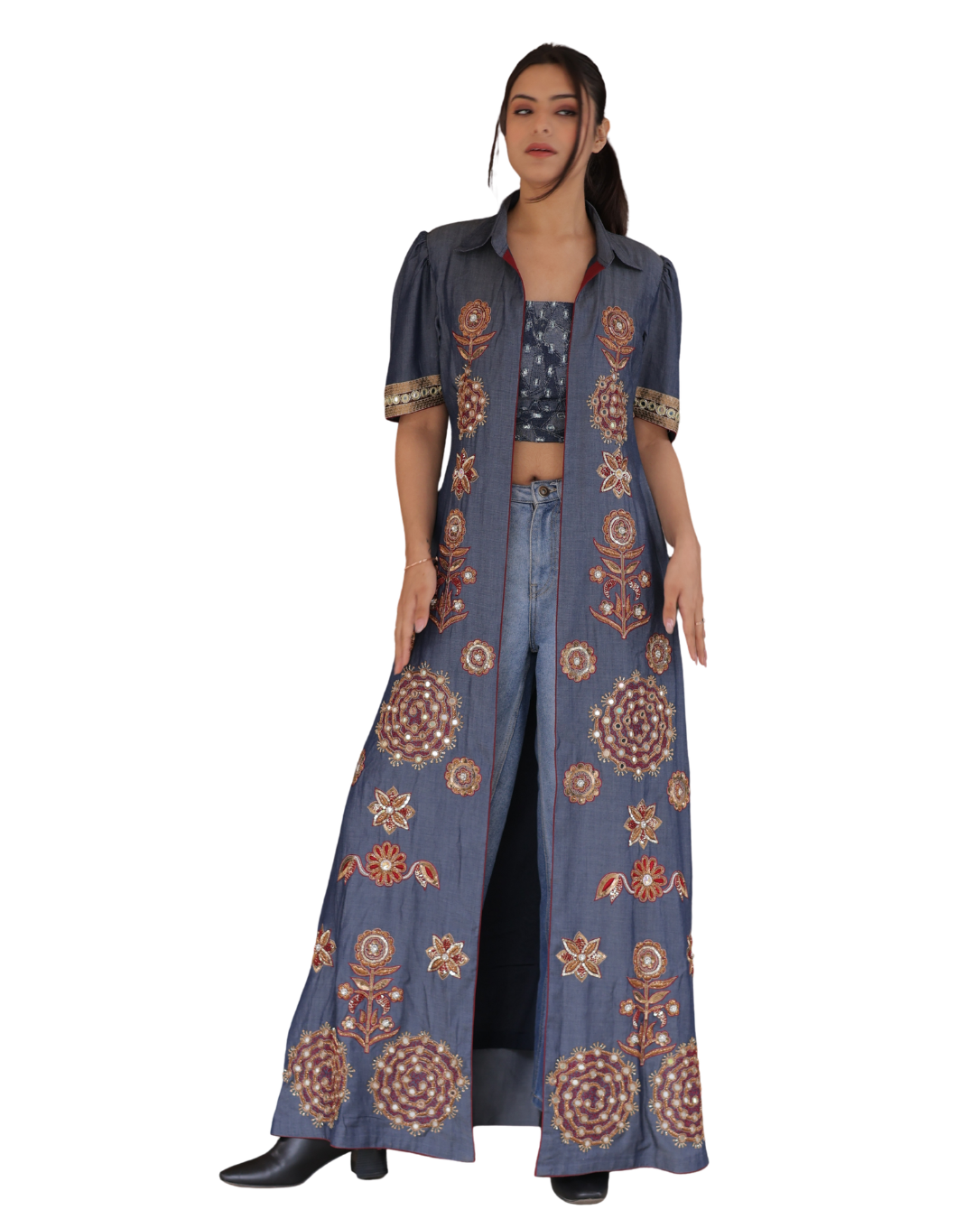 Embroidered Denim-Look Long Jacket with Sequin Work