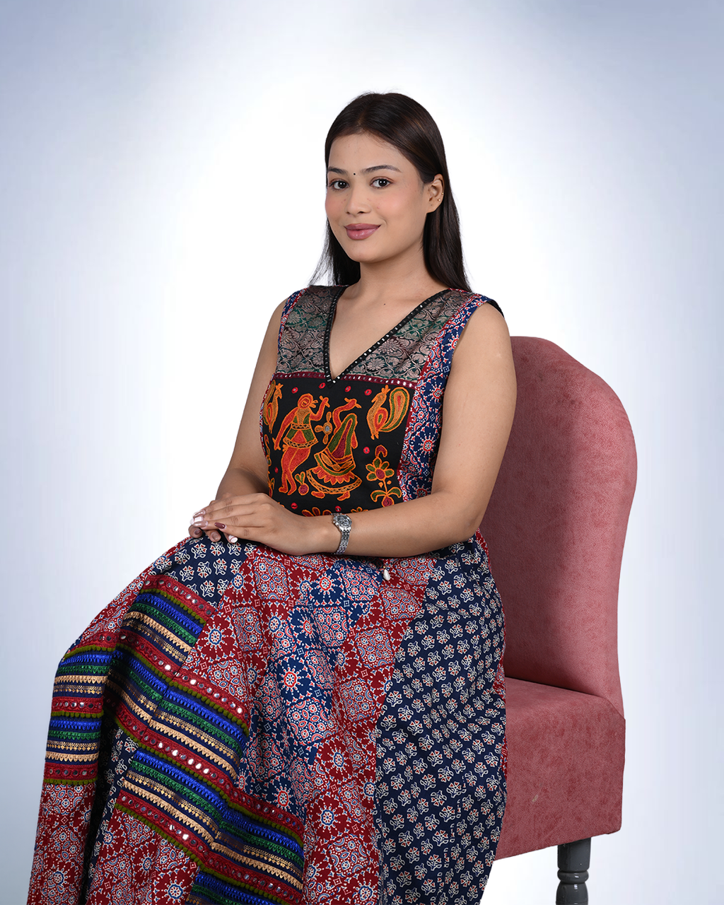 Heritage Print Maxi Dress | Embroidered Yoke with Rabari-Inspired Folk Art