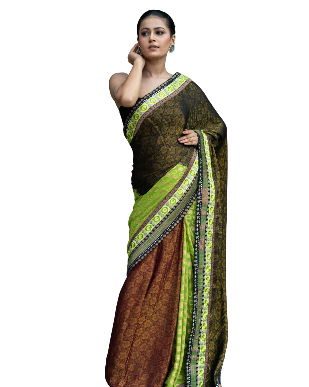 Green Pure Banarasi Georgette Patchwork Saree