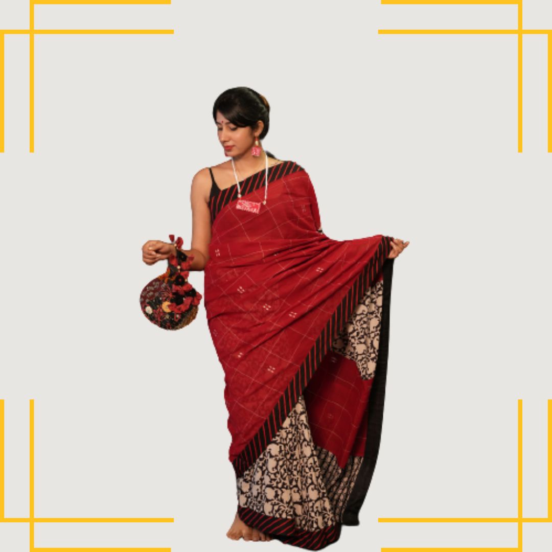 Traditional Red and Beige floral print Saree