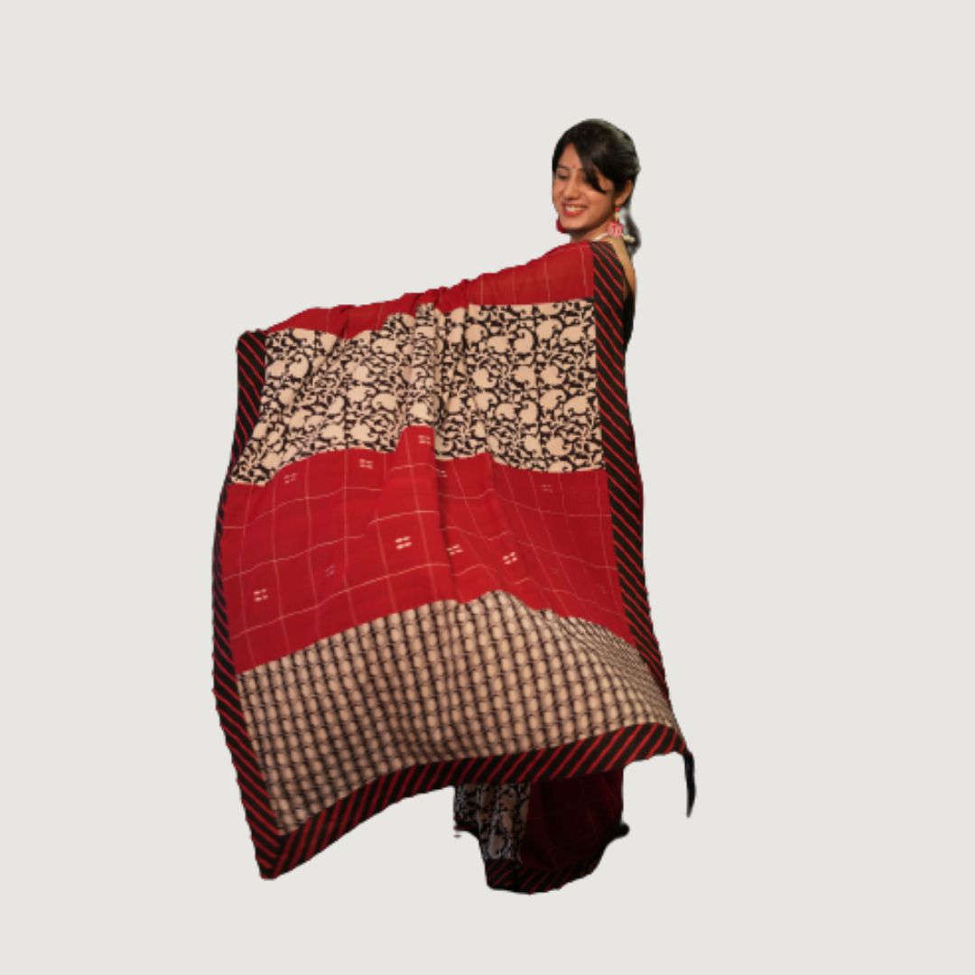 Traditional Red and Beige floral print Saree