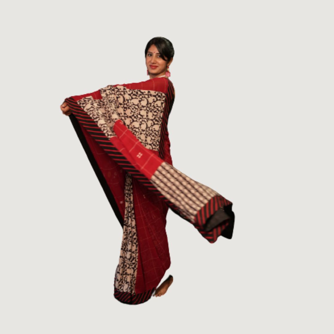 Traditional Red and Beige floral print Saree