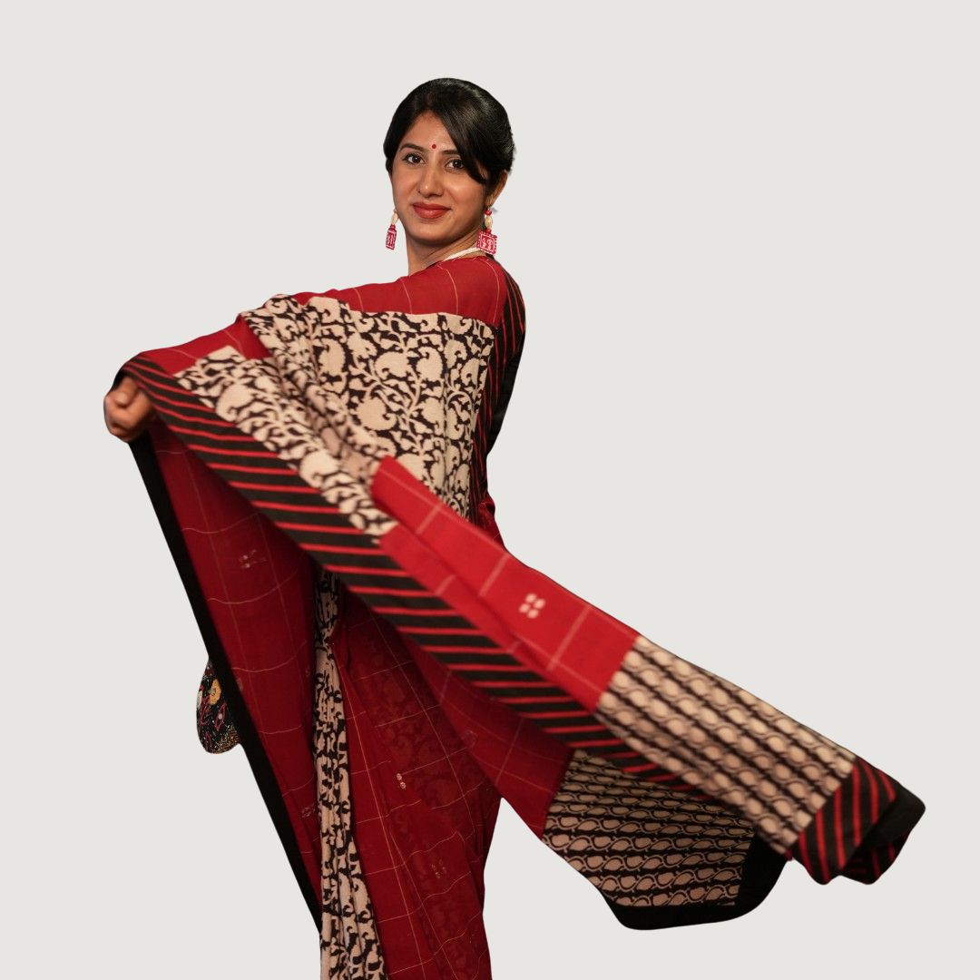 Traditional Red and Beige floral print Saree