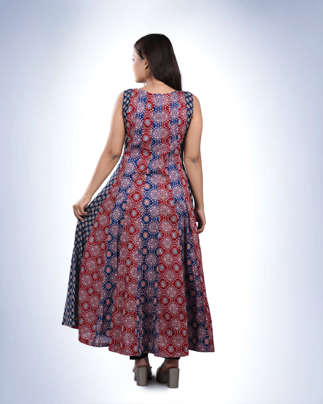 Heritage Print Maxi Dress | Embroidered Yoke with Rabari-Inspired Folk Art