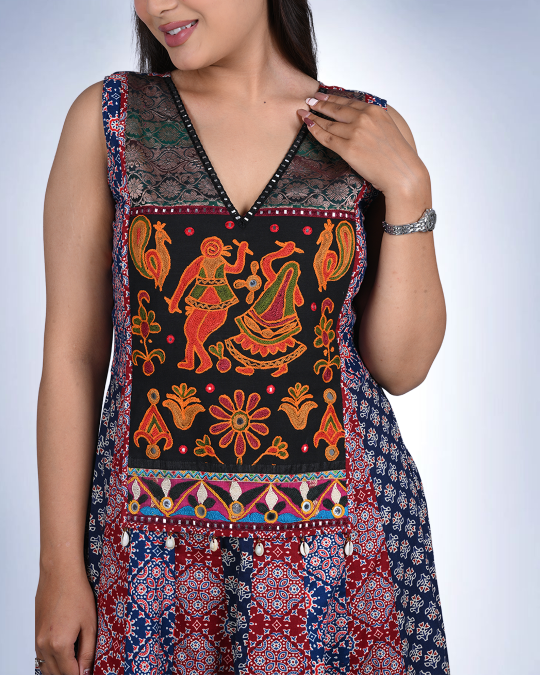 Heritage Print Maxi Dress | Embroidered Yoke with Rabari-Inspired Folk Art