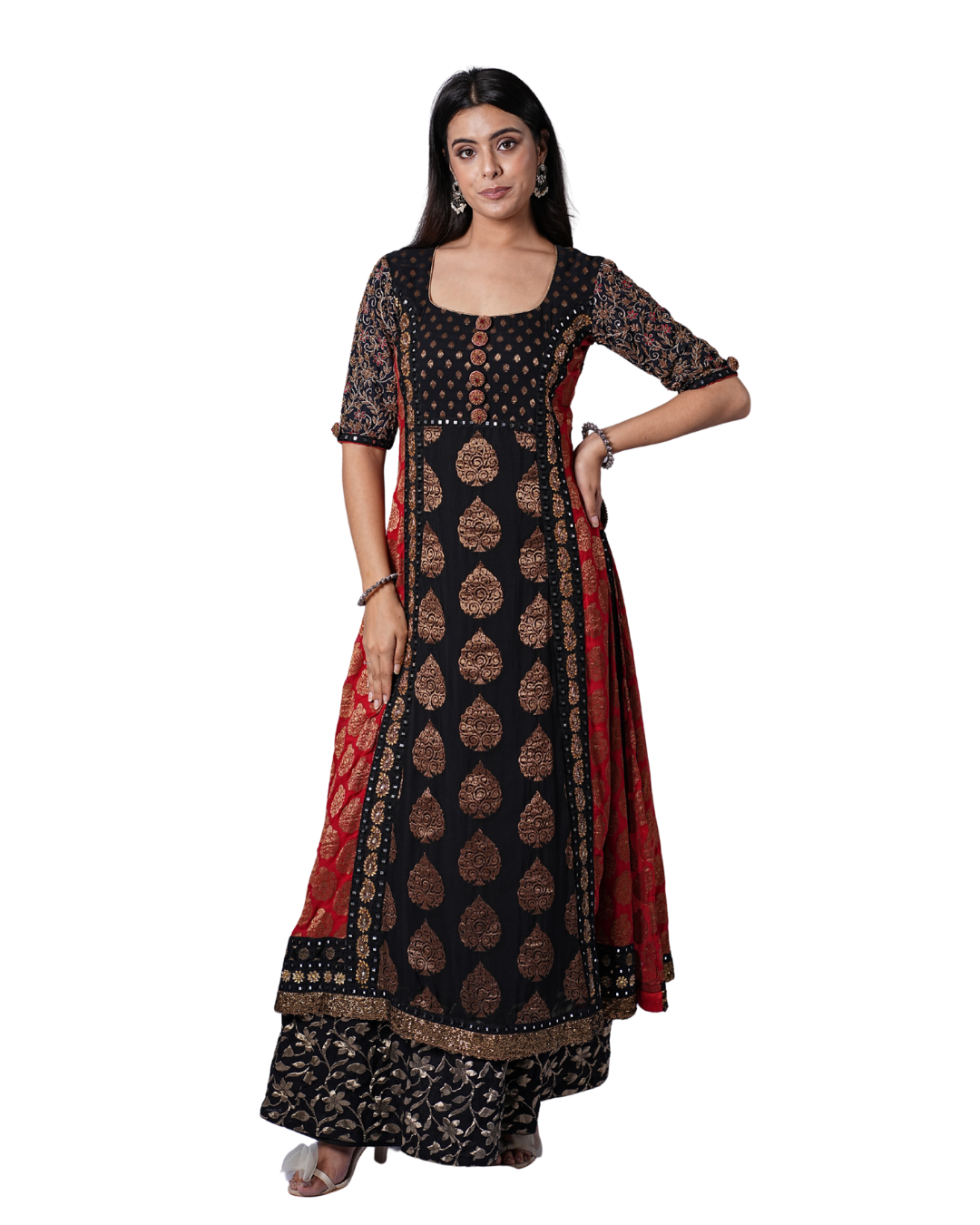 Pure Banarasi Red & Black Patchwork Kurta Set