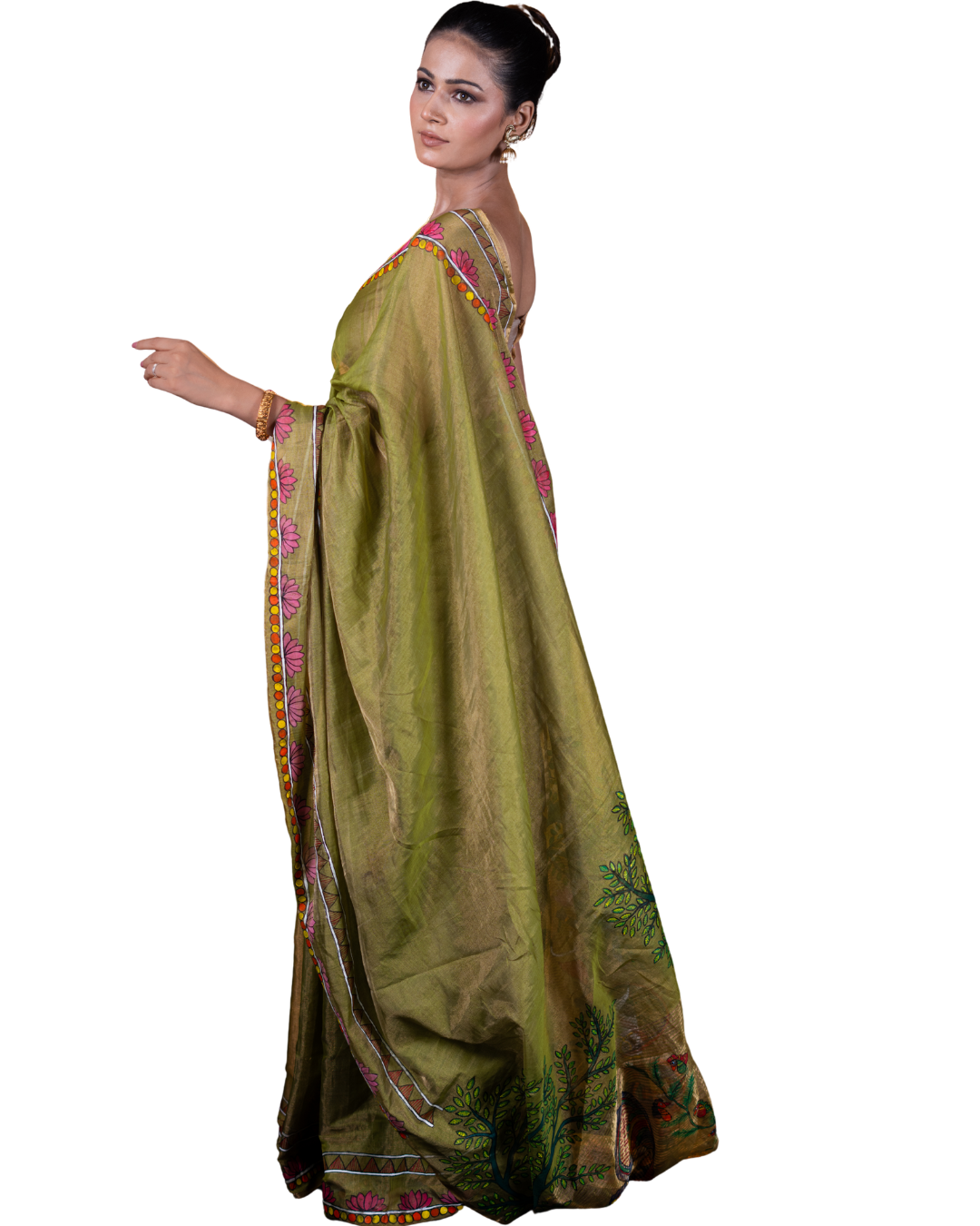 Pure Green Chanderi Hand-Painted Saree