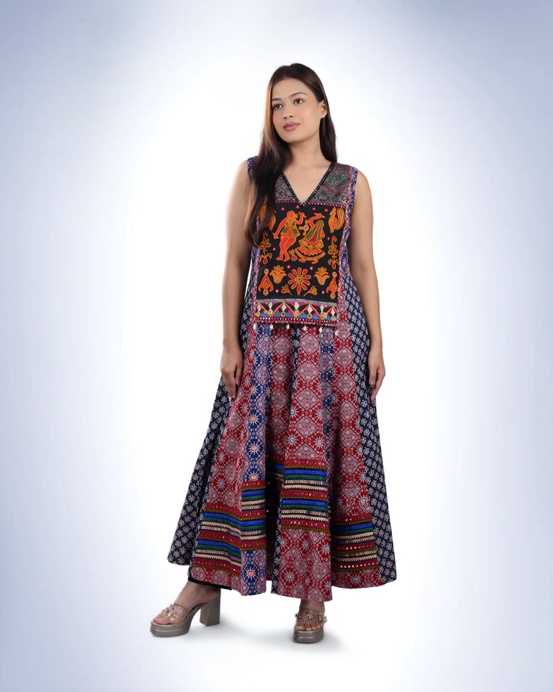 Heritage Print Maxi Dress | Embroidered Yoke with Rabari-Inspired Folk Art