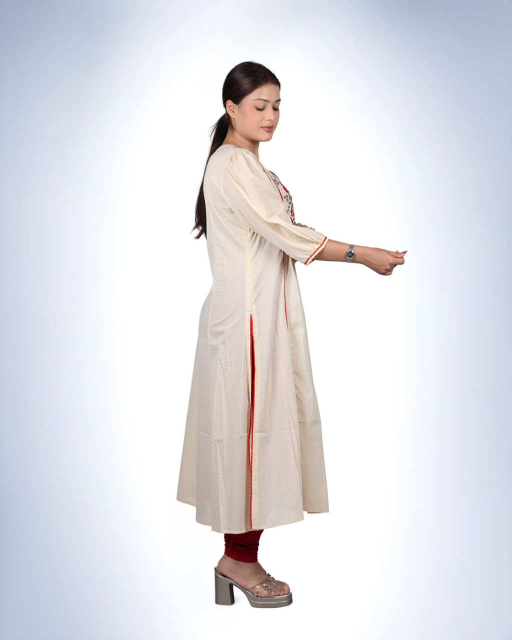 Ivory Floral Embroidered Cotton Kurta | Rose Motif Yoke with Puff Sleeves