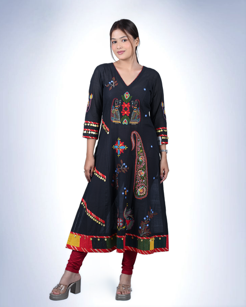 Black Folk Art Embroidered Anarkali Kurta | Warli-Inspired with Mirror & Coin Trim