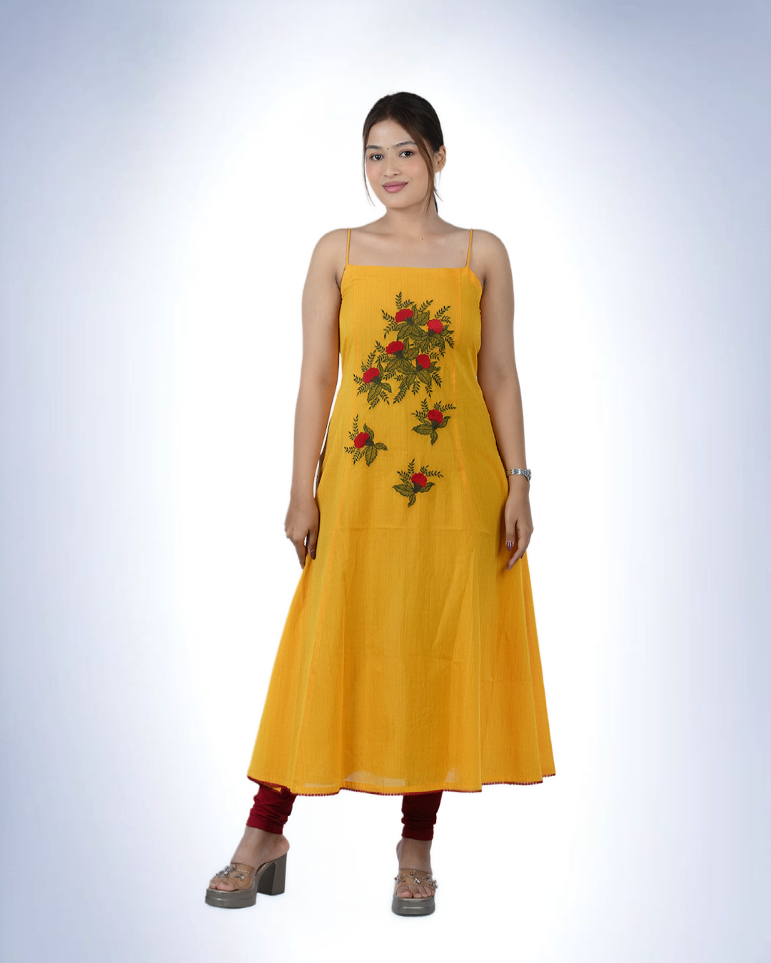 Yellow Floral Embroidered Spaghetti Strap Kurta Dress | Sleeveless A-Line Cotton Slip Dress