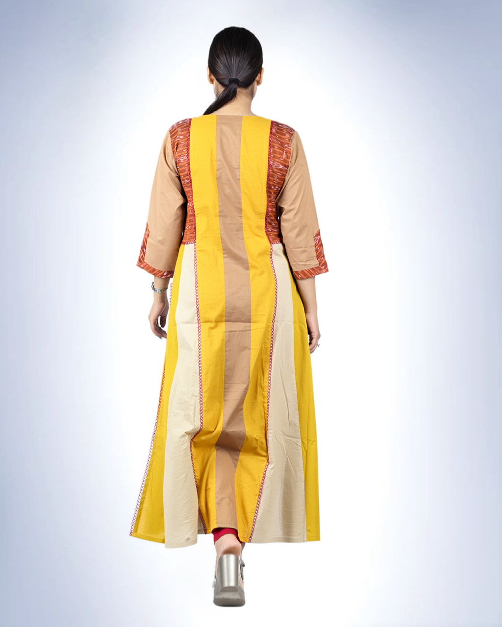 Mustard Colour-Block Panel Kurta | Floral Embroidered Yoke with Striped Silhouette