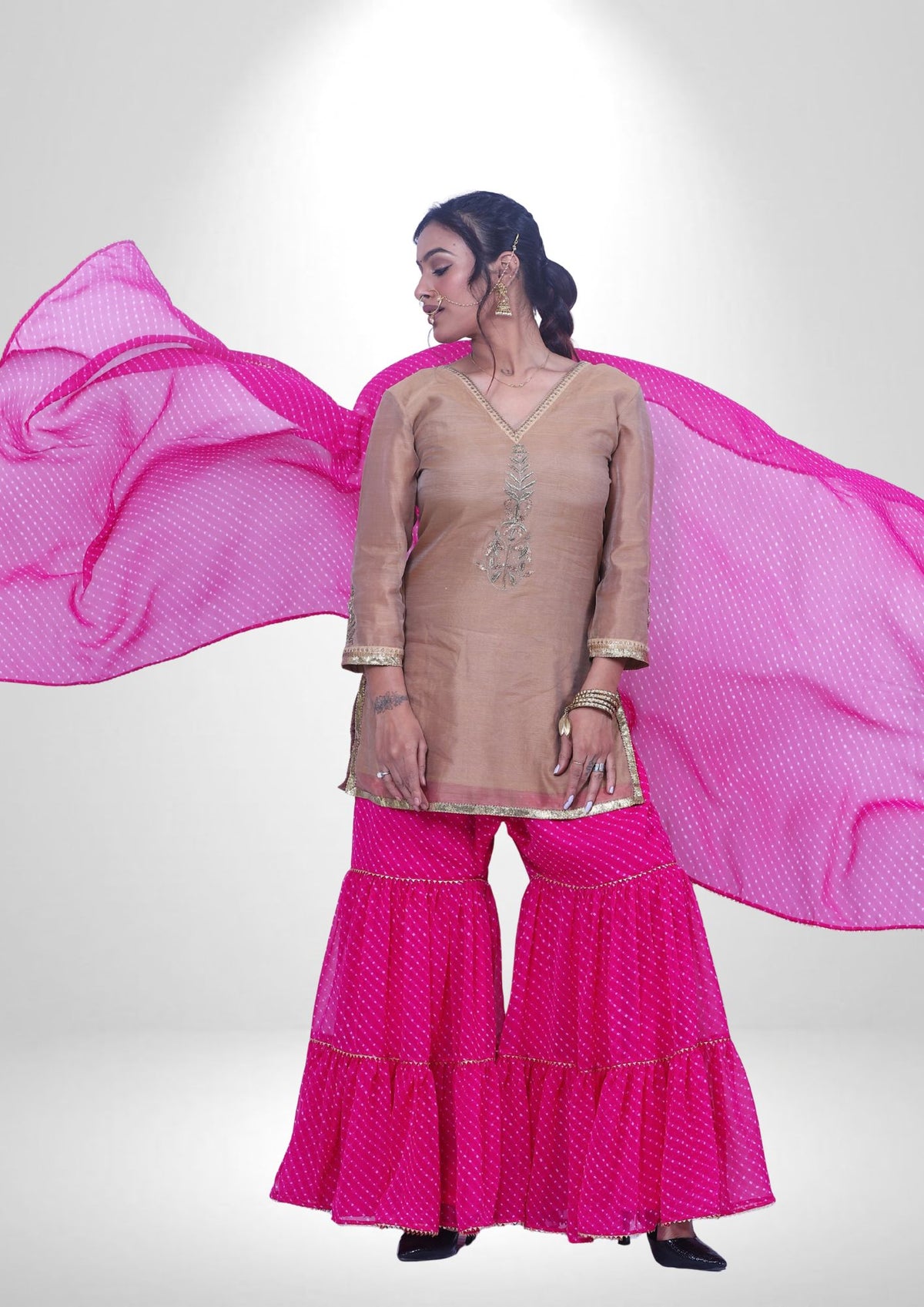Chanderi Handwork Kurta with Lehariya Bandhej Garara & Dupatta