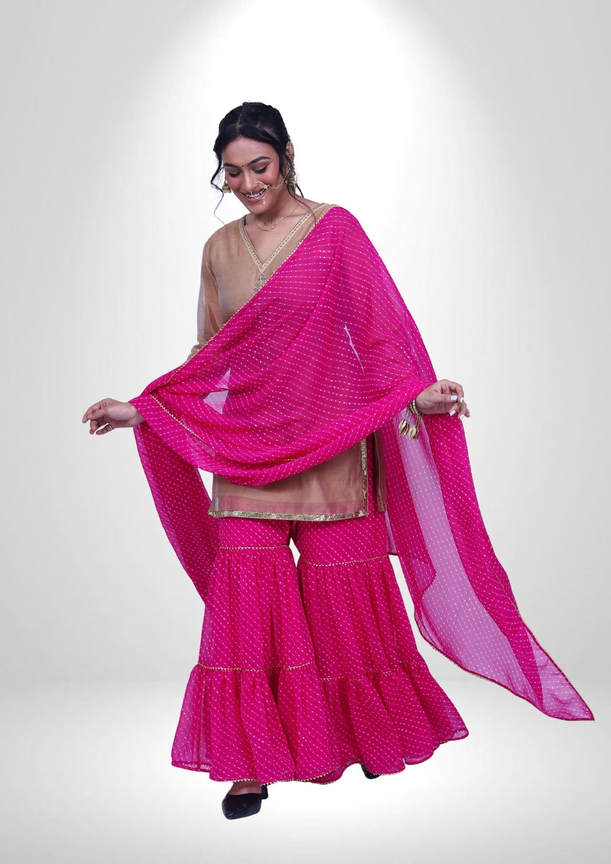 Chanderi Handwork Kurta with Lehariya Bandhej Garara & Dupatta