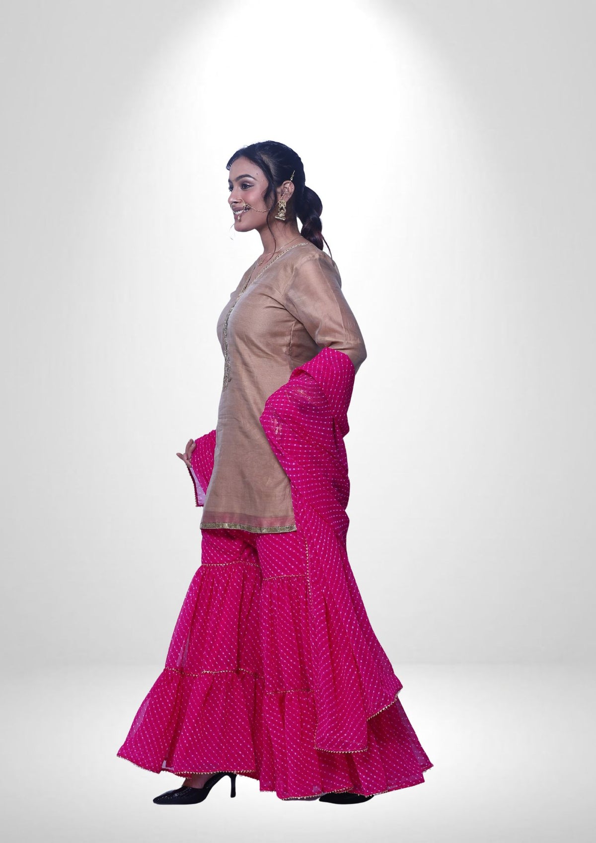 Chanderi Handwork Kurta with Lehariya Bandhej Garara & Dupatta
