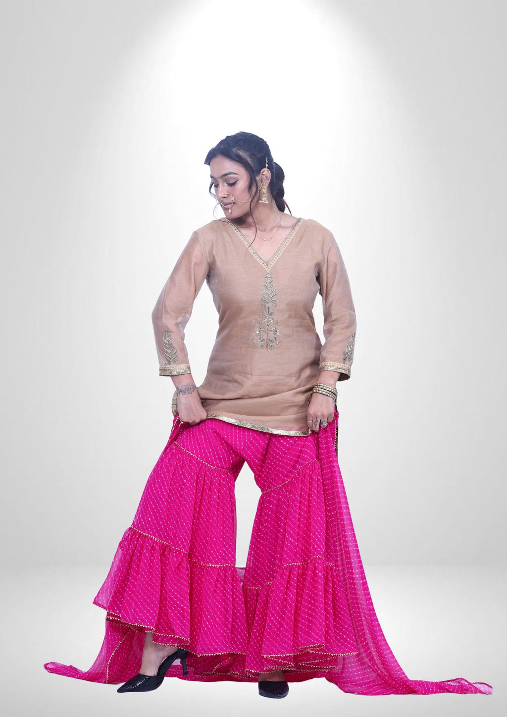 Chanderi Handwork Kurta with Lehariya Bandhej Garara & Dupatta