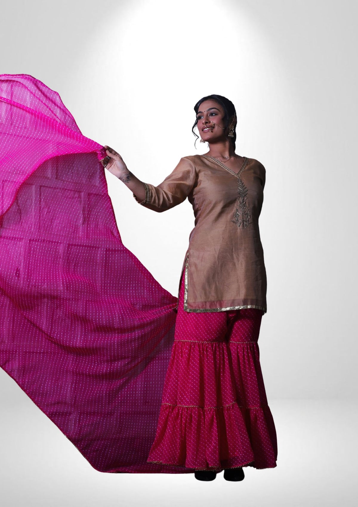 Chanderi Handwork Kurta with Lehariya Bandhej Garara & Dupatta