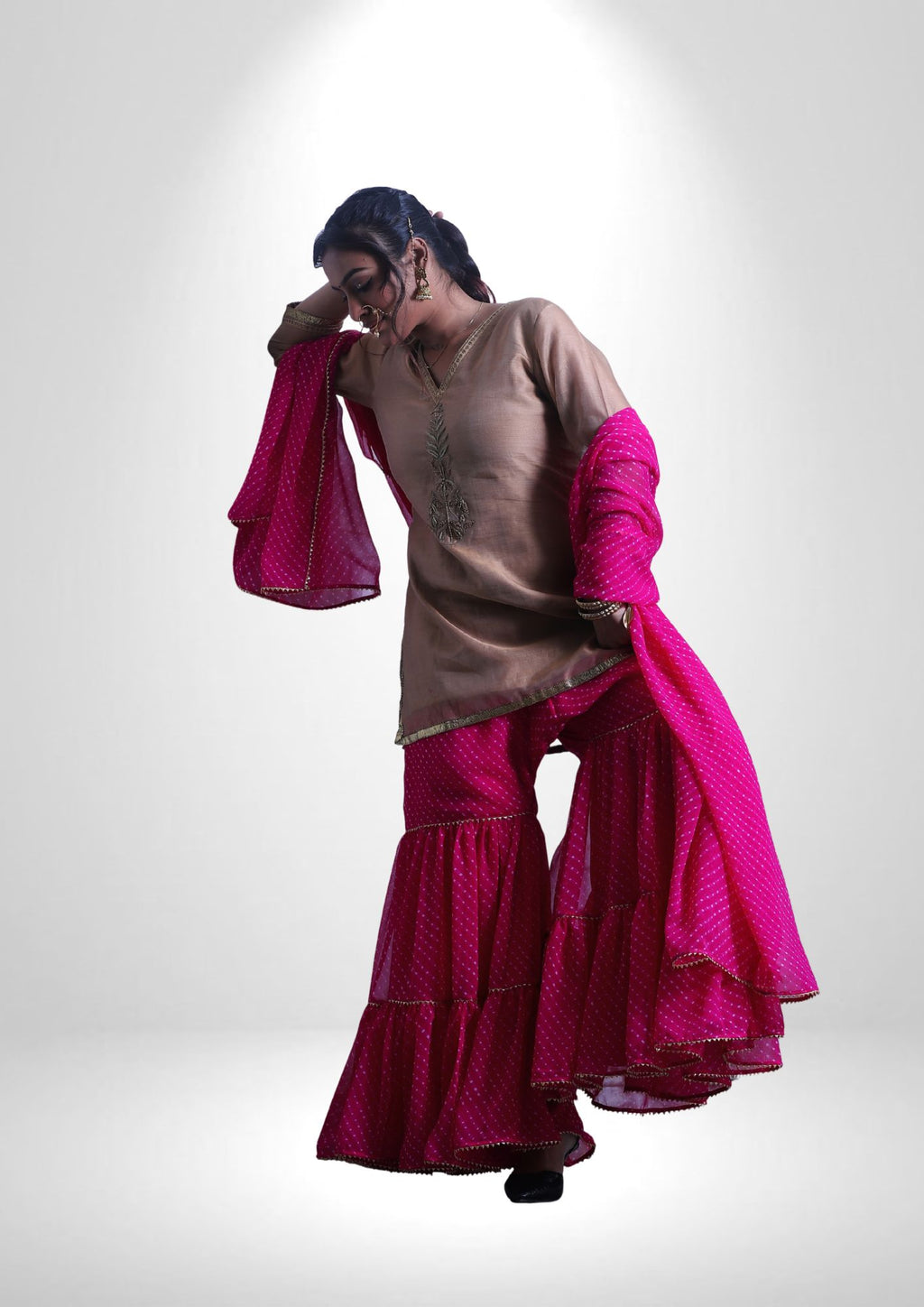 Chanderi Handwork Kurta with Lehariya Bandhej Garara & Dupatta
