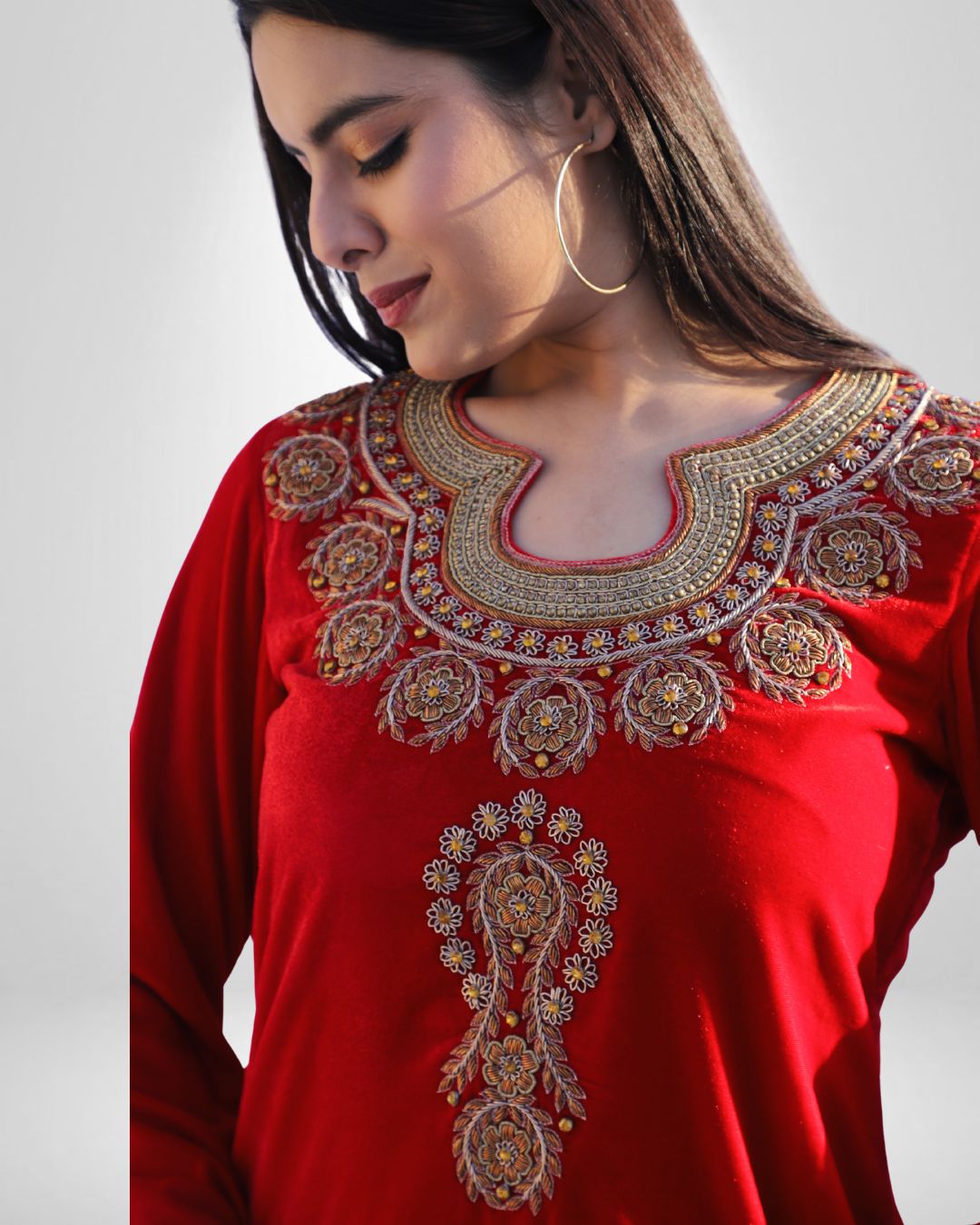 Red Velvet Dress with Zardozi Work