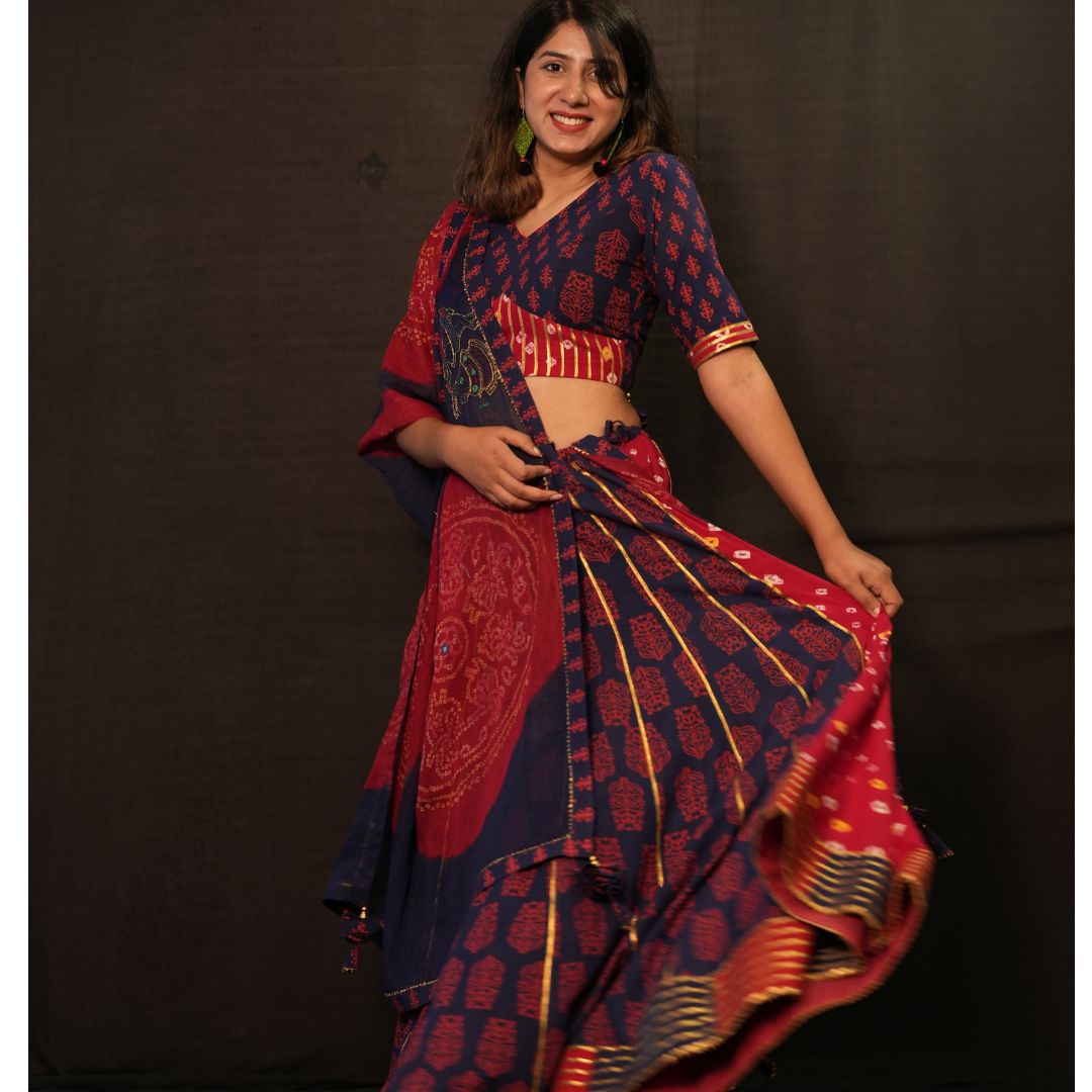 Blue Red Traditional Floral Print Lehenga Choli