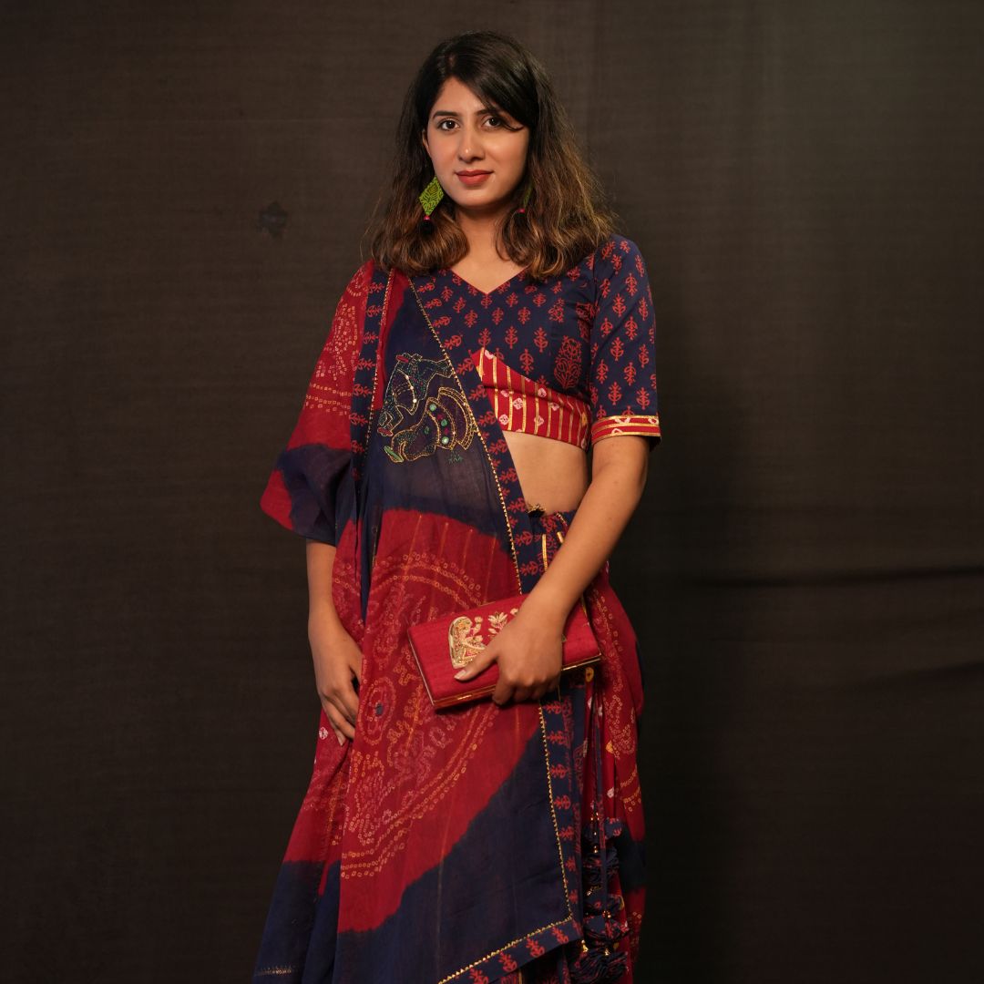 Blue Red Traditional Floral Print Lehenga Choli