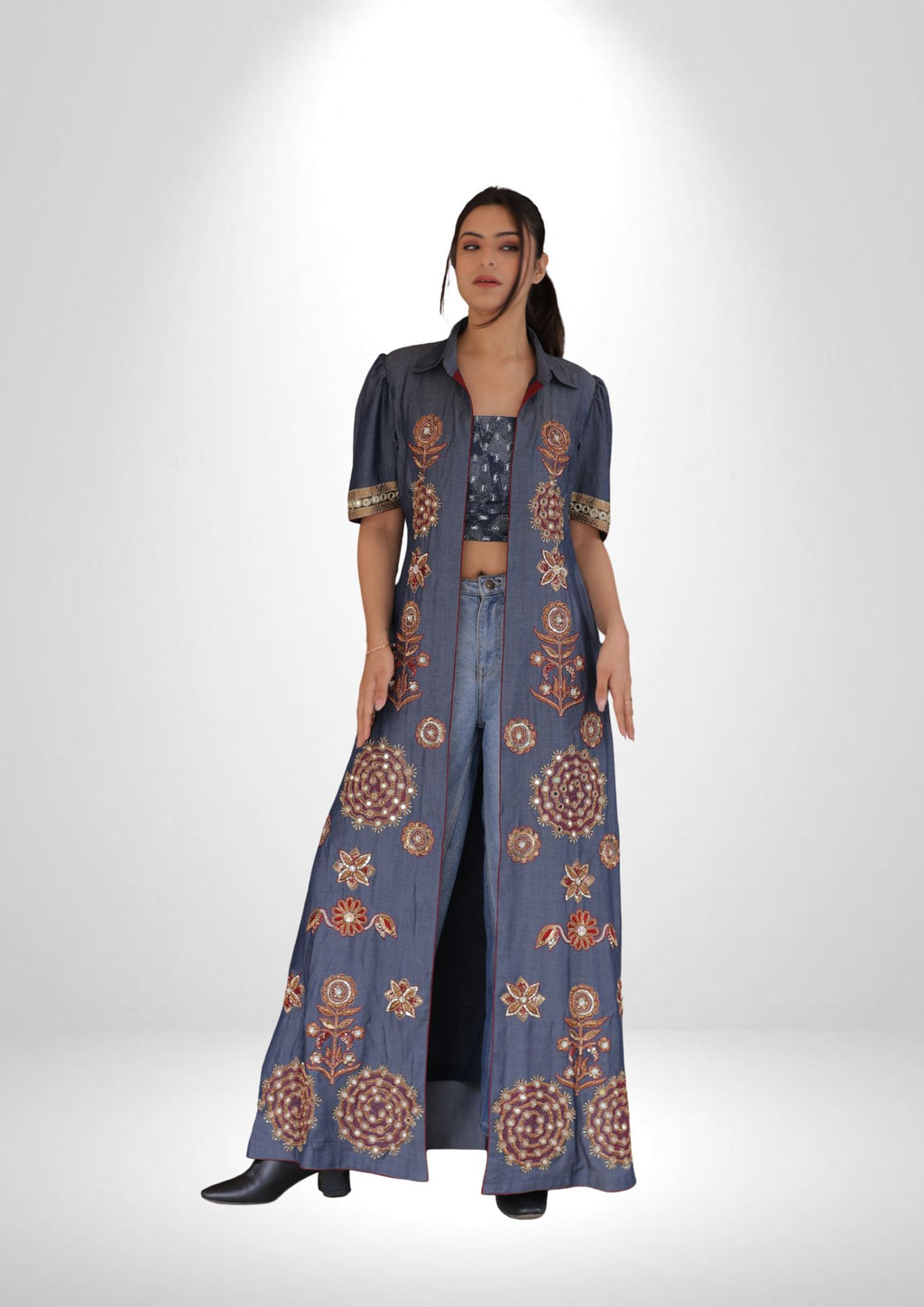 Denim Shrug & Crop Top Set with Zardozi and Resham Work