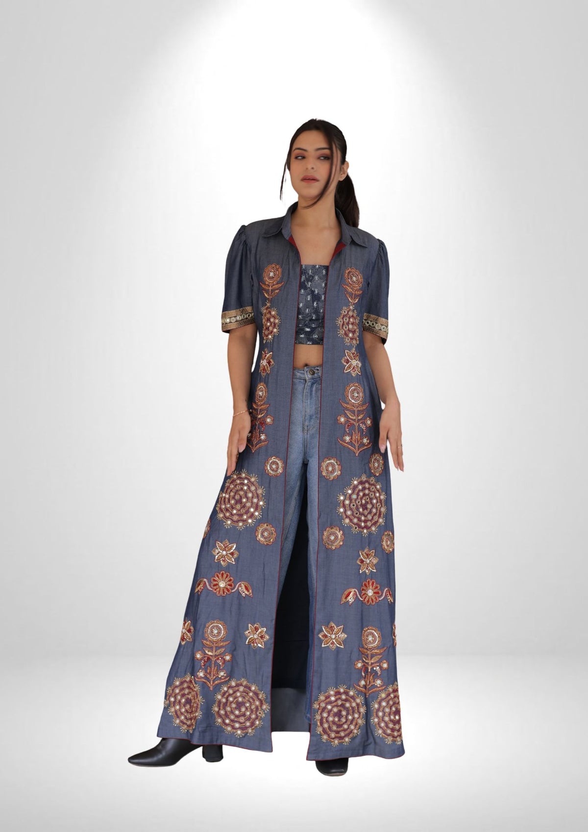 Denim Shrug & Crop Top Set with Zardozi and Resham Work