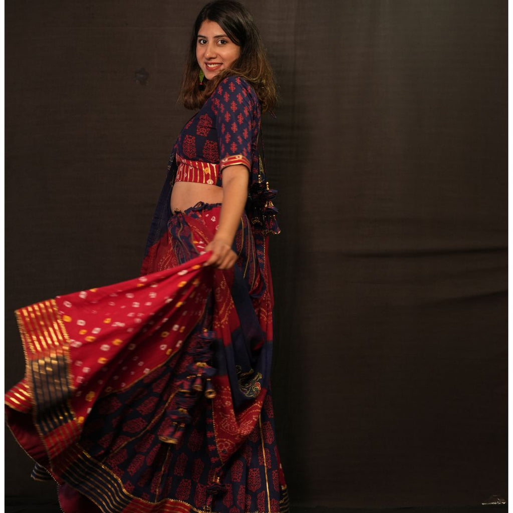 Blue Red Traditional Floral Print Lehenga Choli
