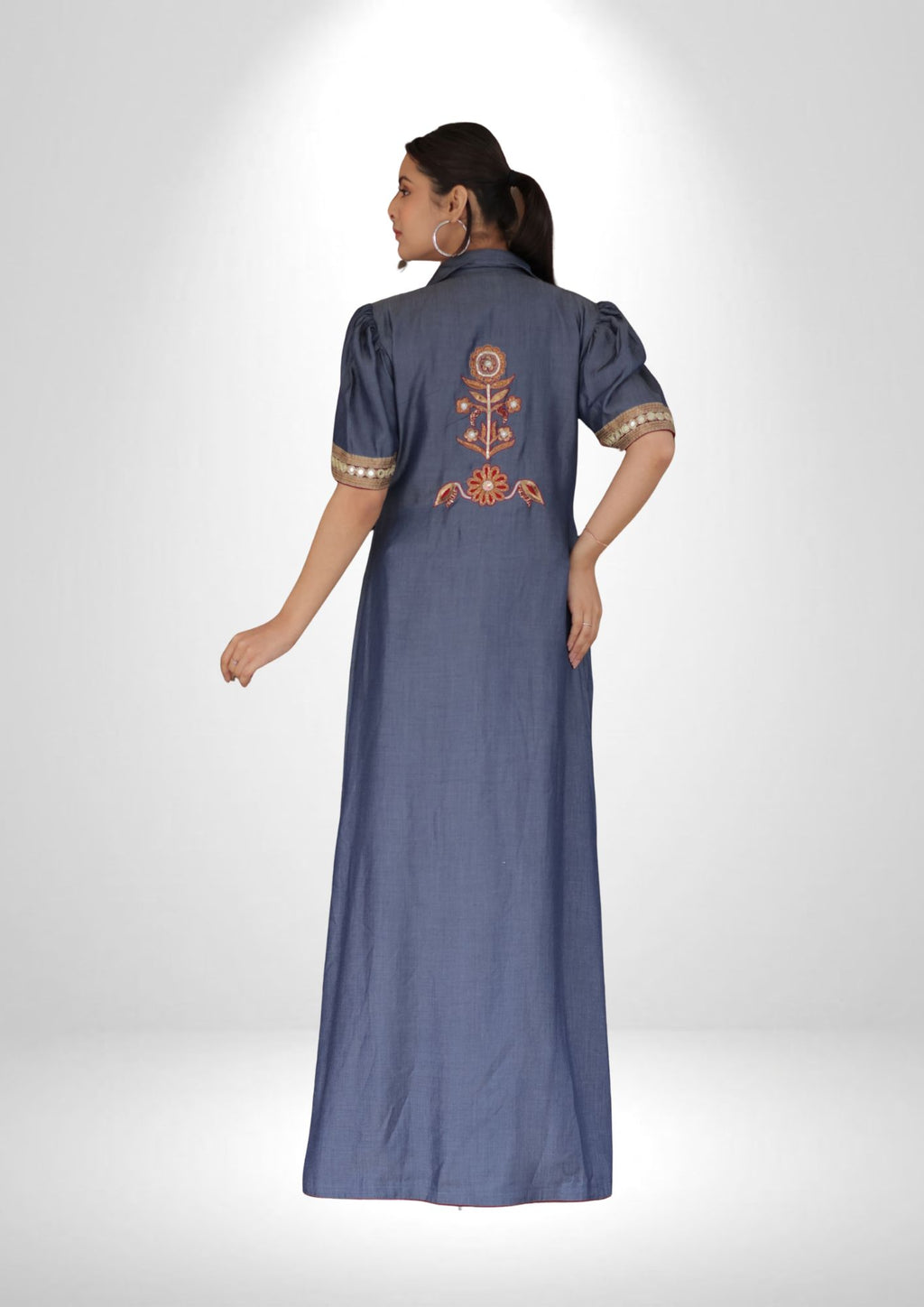 Denim Shrug & Crop Top Set with Zardozi and Resham Work