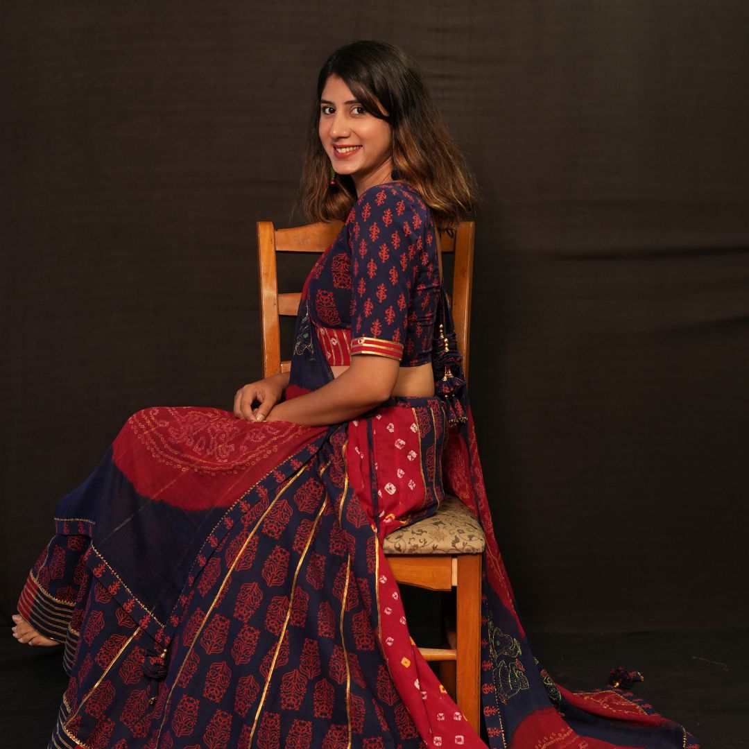 Blue Red Traditional Floral Print Lehenga Choli