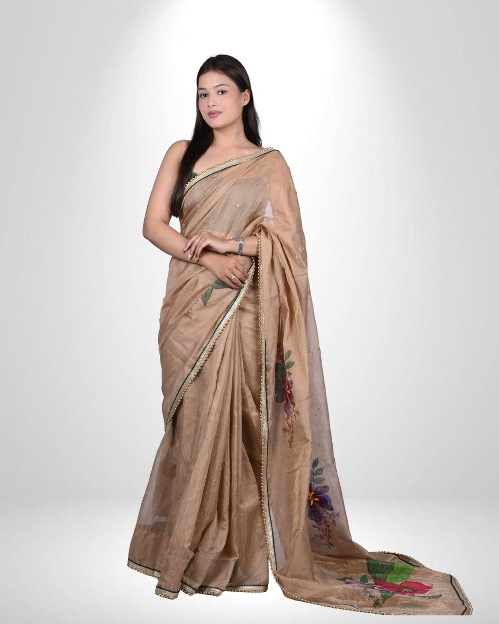 Chanderi Hand-Painted Saree with Artistic Floral Detailing