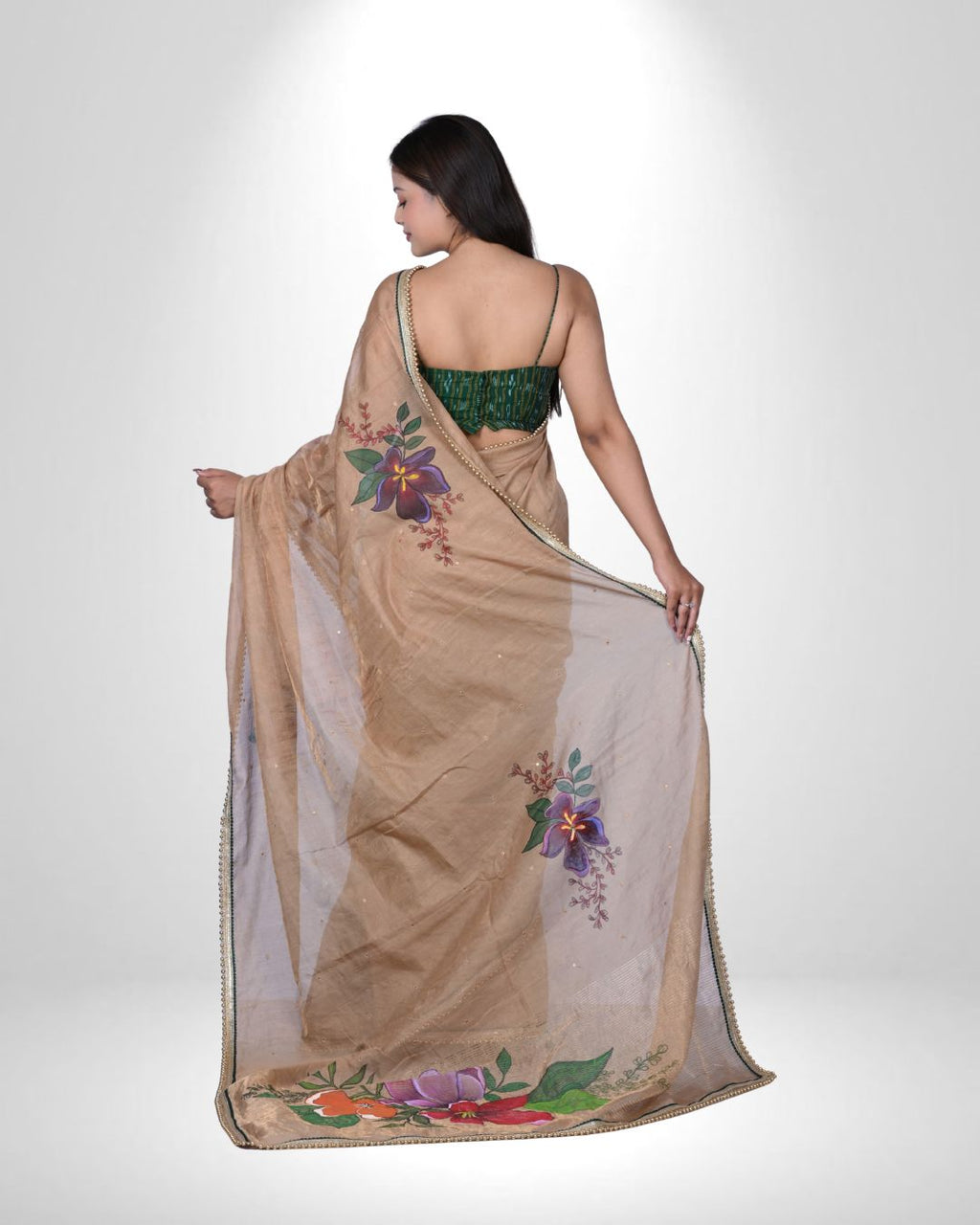 Chanderi Hand-Painted Saree with Artistic Floral Detailing