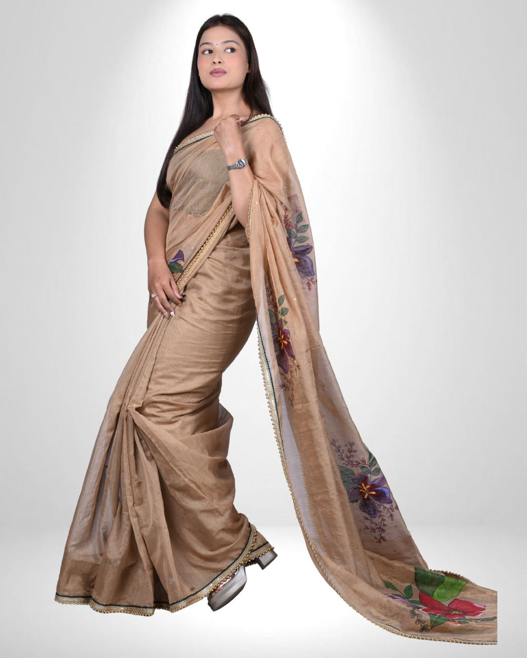 Chanderi Hand-Painted Saree with Artistic Floral Detailing