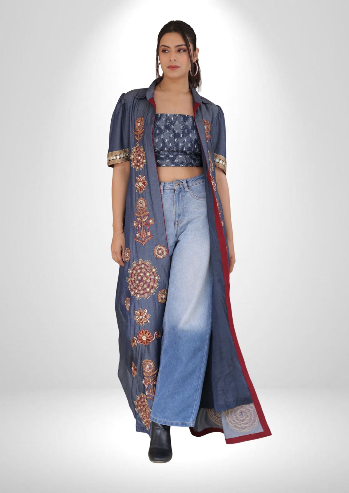 Denim Shrug & Crop Top Set with Zardozi and Resham Work