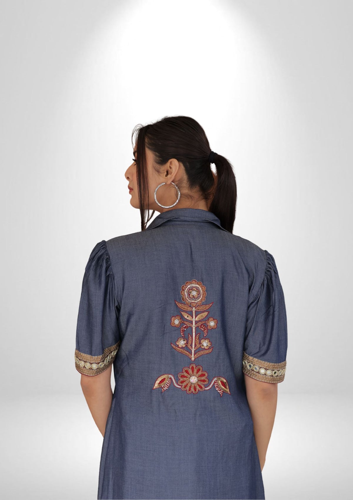 Denim Shrug & Crop Top Set with Zardozi and Resham Work