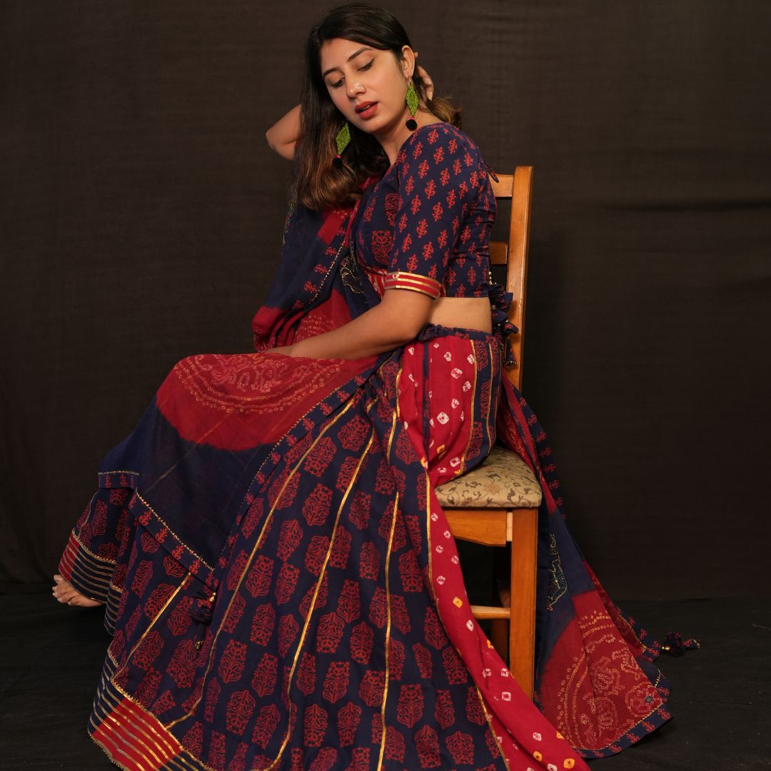 Blue Red Traditional Floral Print Lehenga Choli