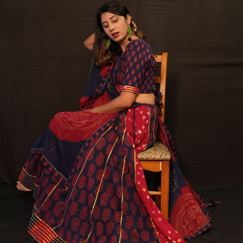 Blue Red Traditional Floral Print Lehenga Choli