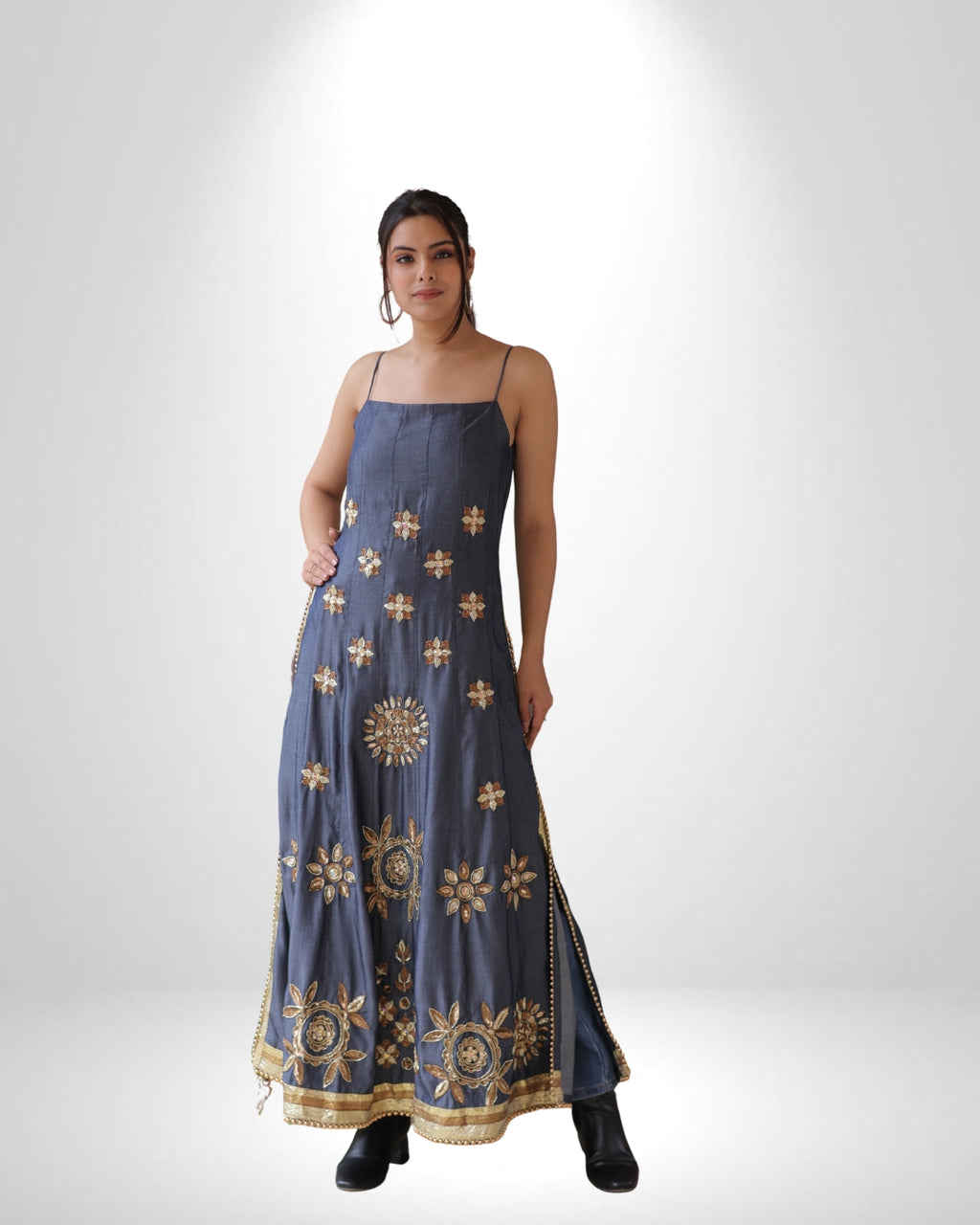 Denim Full-Length Dress with Zardozi & Resham Embroidery