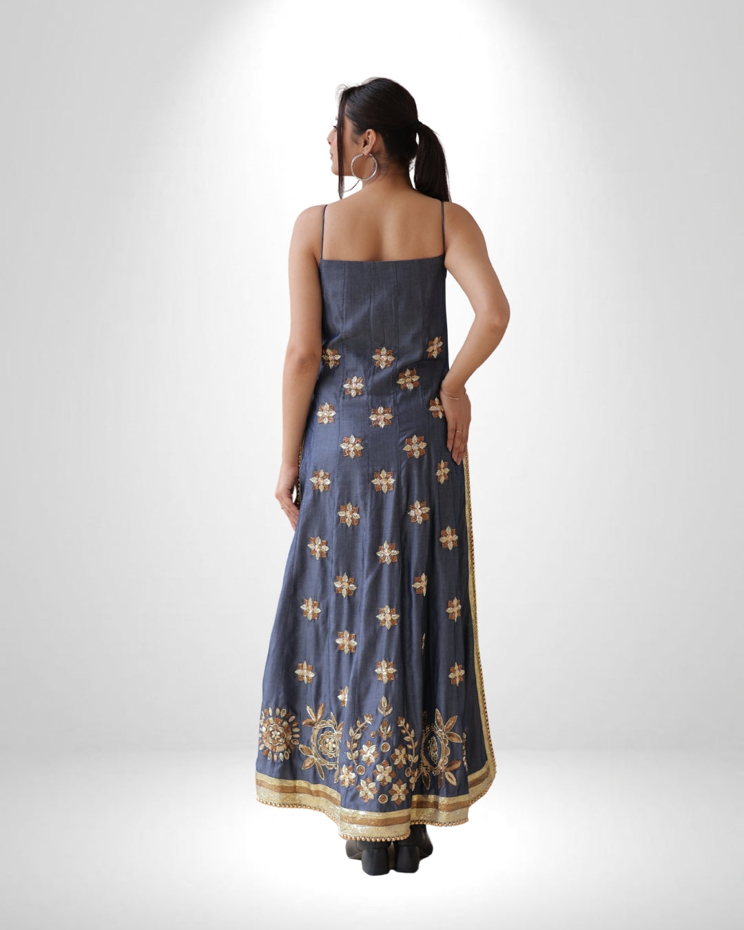 Denim Full-Length Dress with Zardozi & Resham Embroidery