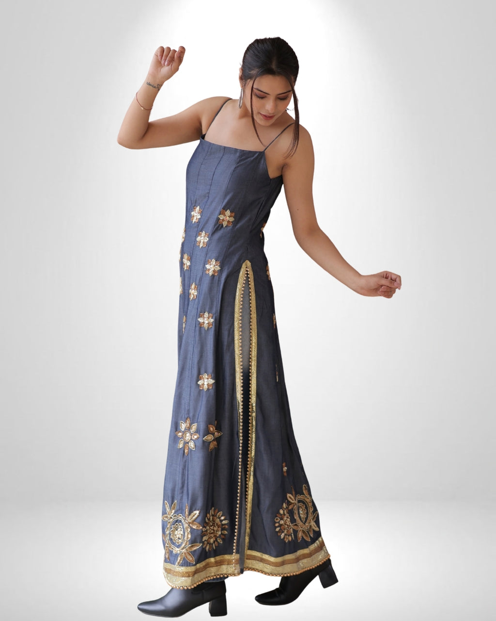 Denim Full-Length Dress with Zardozi & Resham Embroidery