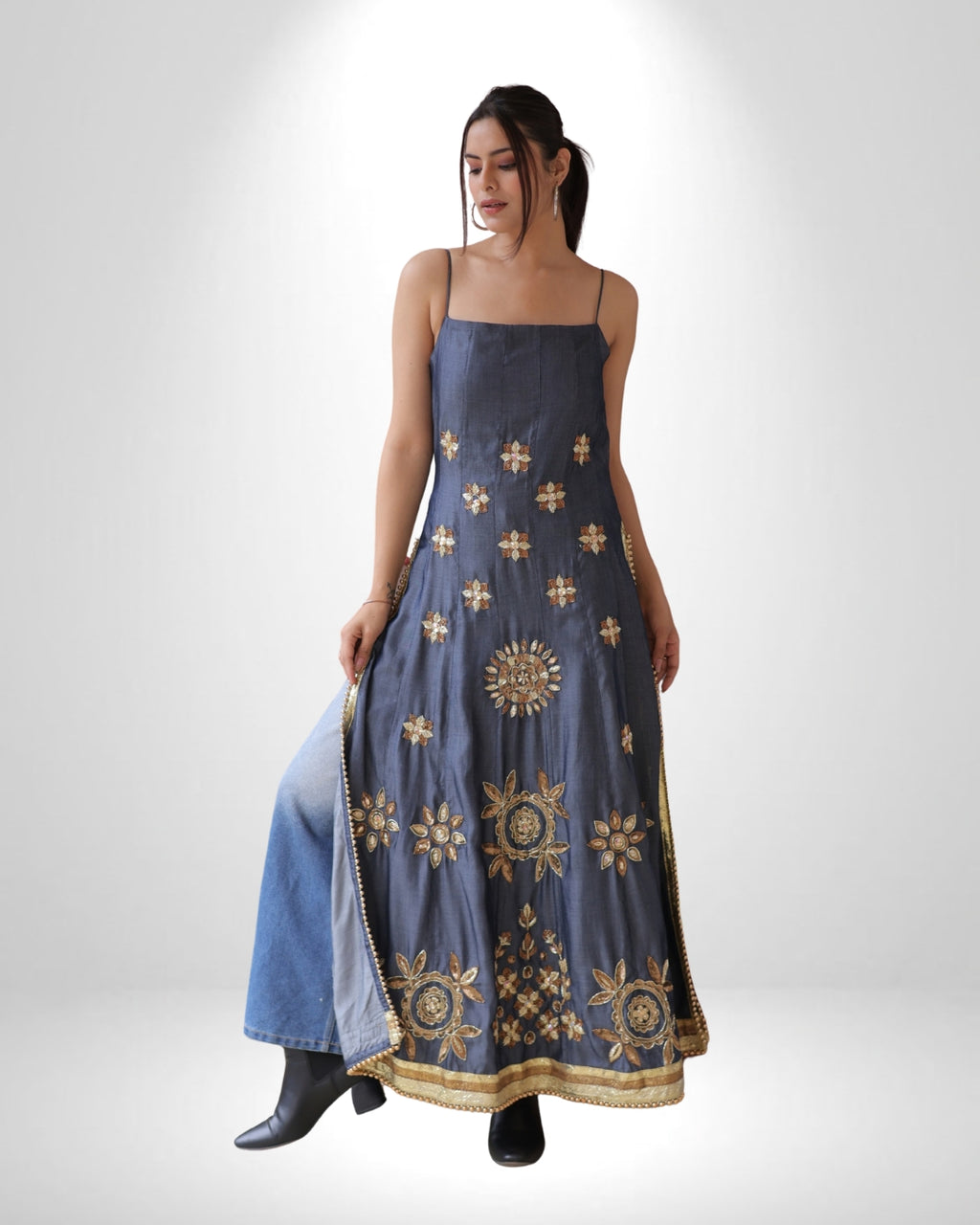Denim Full-Length Dress with Zardozi & Resham Embroidery