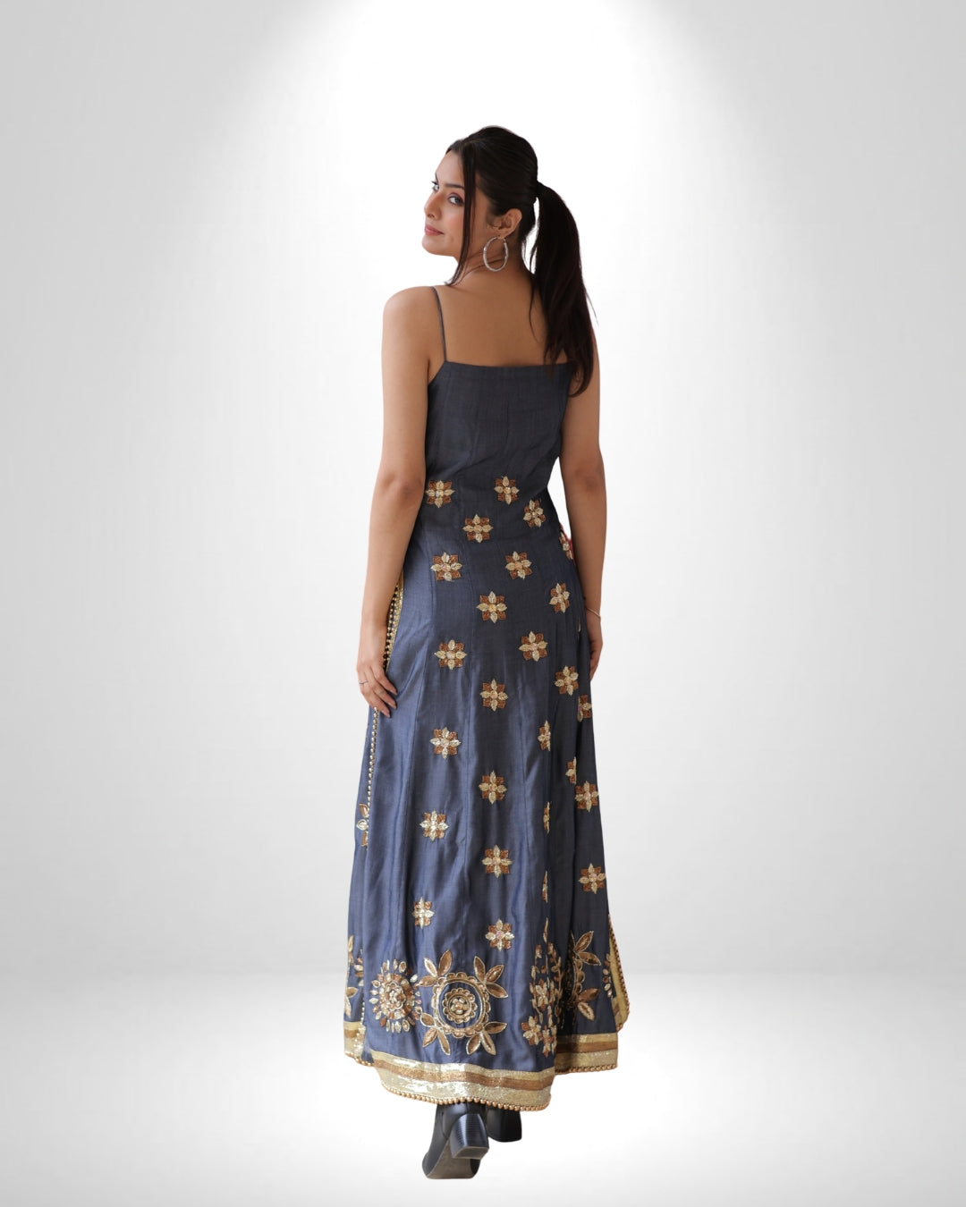 Denim Full-Length Dress with Zardozi & Resham Embroidery