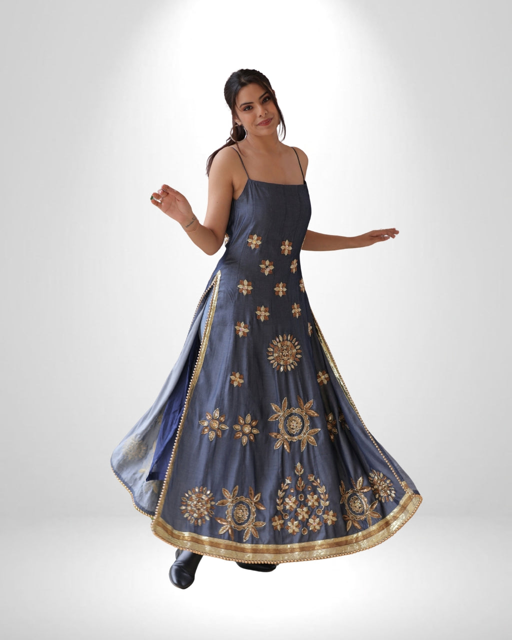 Denim Full-Length Dress with Zardozi & Resham Embroidery