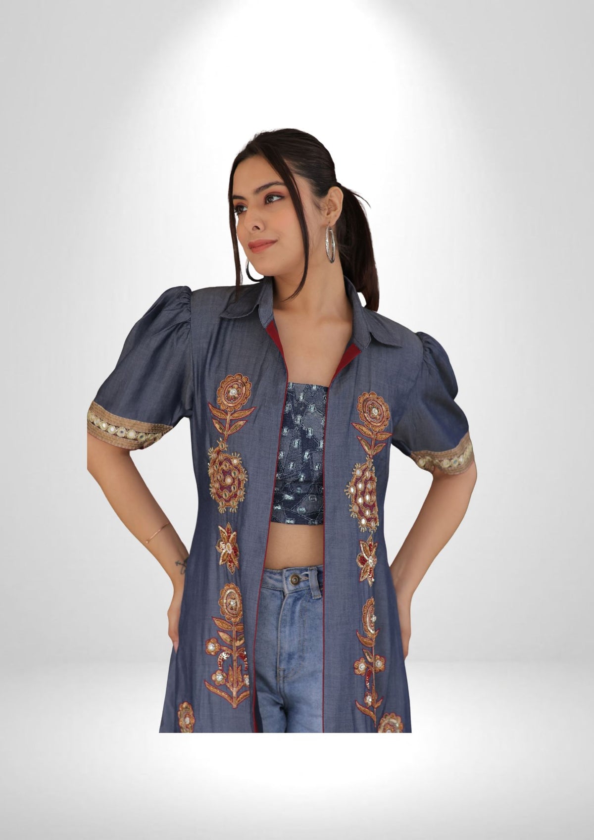Denim Shrug & Crop Top Set with Zardozi and Resham Work