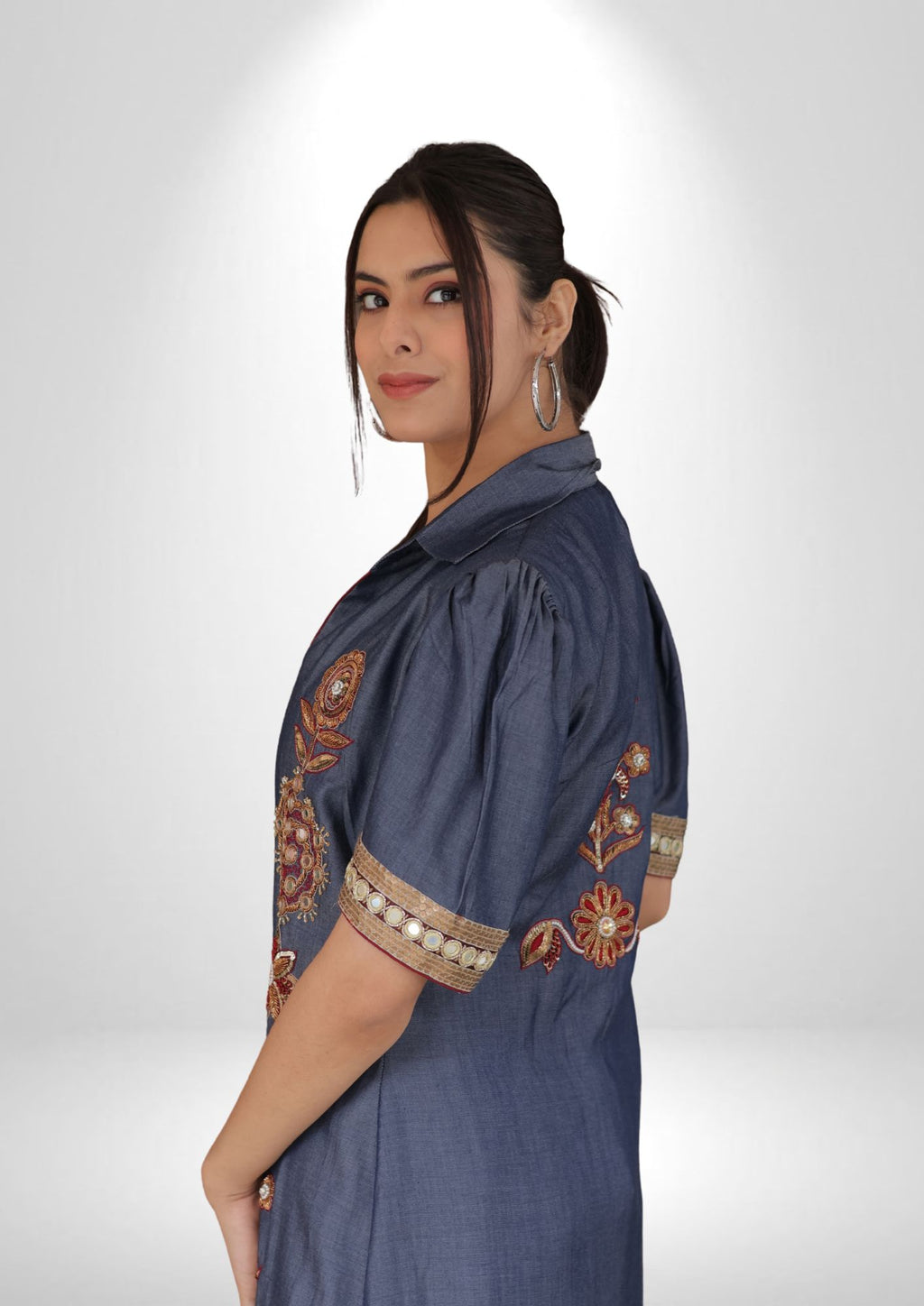 Denim Shrug & Crop Top Set with Zardozi and Resham Work