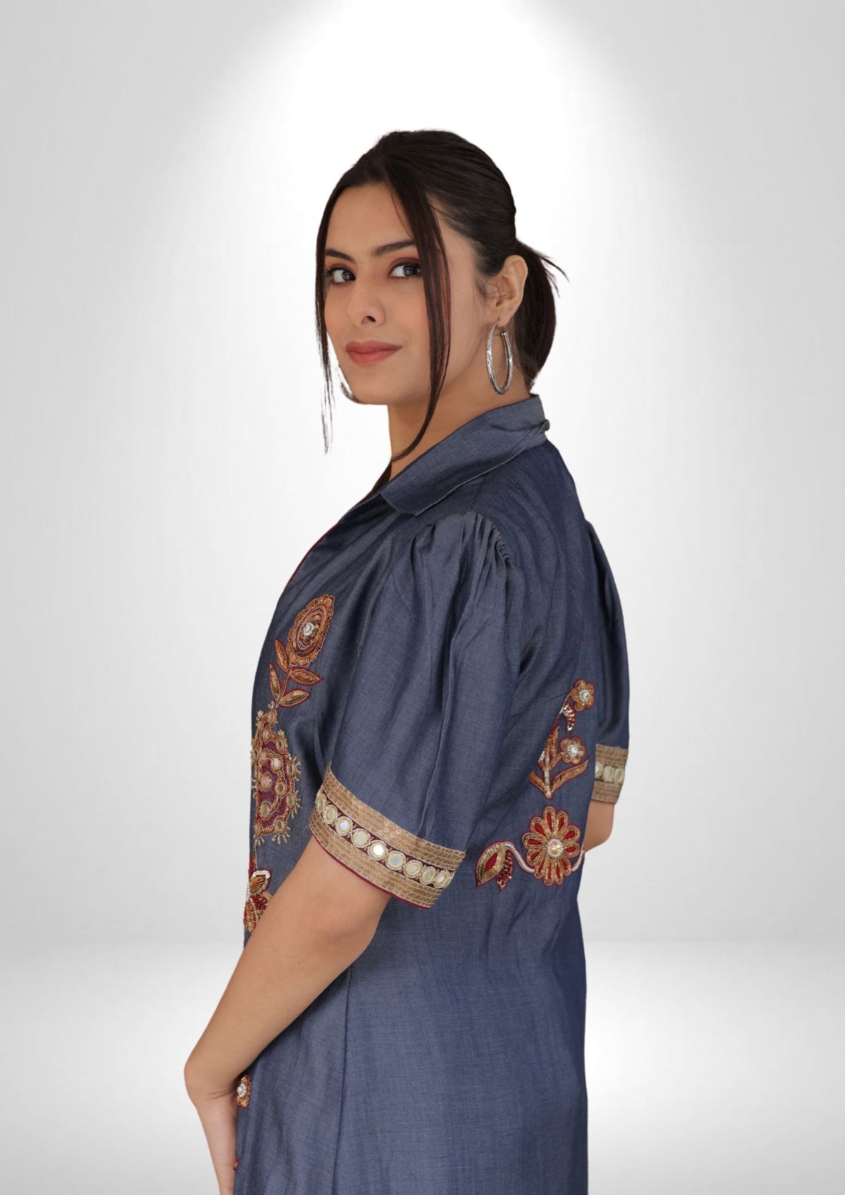 Denim Shrug & Crop Top Set with Zardozi and Resham Work