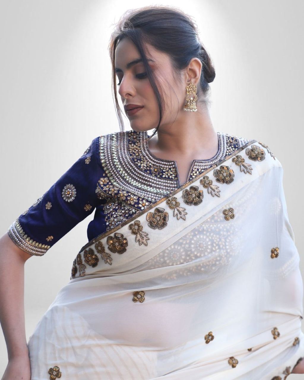 Pure Georgette Saree with Zardozi Handwork & Raw Silk Finish